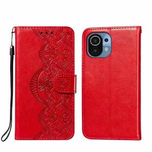 For Xiaomi Mi 11 Flower Vine Embossing Pattern Horizontal Flip Leather Case with Card Slot & Holder & Wallet & Lanyard(Red)