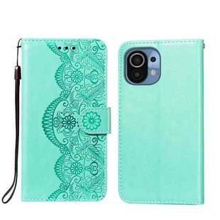 For Xiaomi Mi 11 Flower Vine Embossing Pattern Horizontal Flip Leather Case with Card Slot & Holder & Wallet & Lanyard(Green)