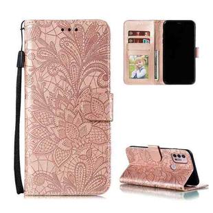 For Motorola Moto G30 Lace Flower Embossing Pattern Horizontal Flip Leather Case with Holder & Card Slots & Wallet & Photo Frame(Rose Gold)