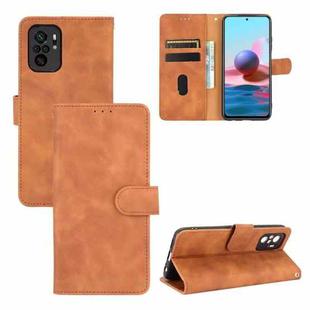 For Xiaomi Redmi Note 10 Solid Color Skin Feel Magnetic Buckle Horizontal Flip Calf Texture PU Leather Case with Holder & Card Slots & Wallet(Brown)