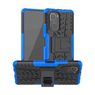 For Xiaomi Redmi K40 Tire Texture Shockproof TPU+PC Protective Case with Holder(Blue)