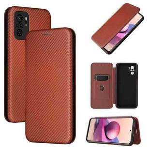 For Xiaomi Redmi Note 10 Carbon Fiber Texture Horizontal Flip TPU + PC + PU Leather Case with Card Slot(Brown)