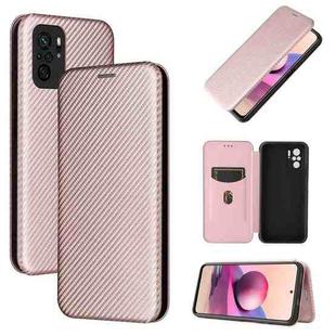 For Xiaomi Redmi Note 10S Carbon Fiber Texture Horizontal Flip TPU + PC + PU Leather Case with Card Slot(Pink)