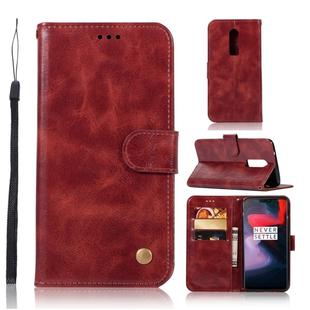 For OnePlus 6 Retro Copper Buckle Crazy Horse Horizontal Flip PU Leather Case with Holder & Card Slots & Wallet & Lanyard(Wine red)