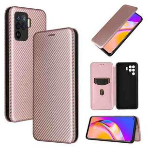 For OPPO A94 4G / F19 Pro / Reno5 F Carbon Fiber Texture Horizontal Flip TPU + PC + PU Leather Case with Card Slot(Pink)