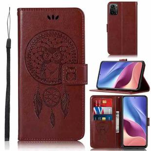 For Xiaomi Redmi K40 Wind Chime Owl Embossing Pattern Horizontal Flip Leather Case with Holder & Card Slots & Wallet(Brown)