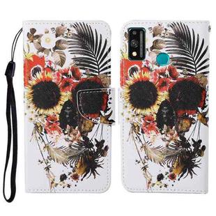 For Honor 9X Lite Colored Drawing Pattern Horizontal Flip Leather Case with Holder & Card Slots & Wallet & Lanyard(Flower Skull)