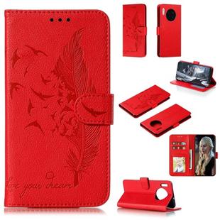 For Huawei Mate 30 Feather Pattern Litchi Texture Horizontal Flip Leather Case with Holder & Wallet & Card Slots(Red)