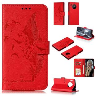 For Huawei Mate 30 Pro Feather Pattern Litchi Texture Horizontal Flip Leather Case with Holder & Wallet & Card Slots(Red)