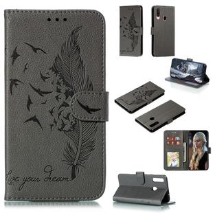 For Galaxy A20s Feather Pattern Litchi Texture Horizontal Flip Leather Case with Holder & Wallet & Card Slots(Gray)