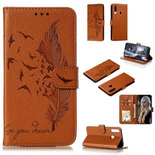 For Galaxy A20s Feather Pattern Litchi Texture Horizontal Flip Leather Case with Holder & Wallet & Card Slots(Brown)