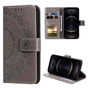 For iPhone 12 / 12 Pro Totem Flower Embossed Horizontal Flip TPU + PU Leather Case with Holder & Card Slots & Wallet(Grey)
