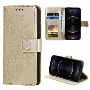 For iPhone 12 / 12 Pro Totem Flower Embossed Horizontal Flip TPU + PU Leather Case with Holder & Card Slots & Wallet(Gold)