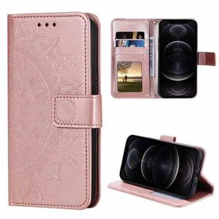 For iPhone 12 / 12 Pro Totem Flower Embossed Horizontal Flip TPU + PU Leather Case with Holder & Card Slots & Wallet(Rose Gold)