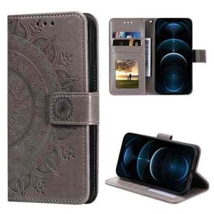 For iPhone 12 Pro Max Totem Flower Embossed Horizontal Flip TPU + PU Leather Case with Holder & Card Slots & Wallet(Grey)