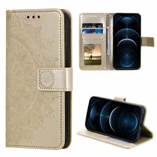 For iPhone 12 Pro Max Totem Flower Embossed Horizontal Flip TPU + PU Leather Case with Holder & Card Slots & Wallet(Rose Gold)