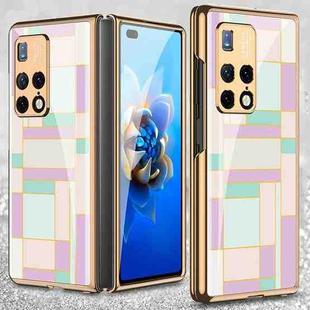 For Huawei Mate X2 GKK Electroplating Painted Glass Phone Case(Purple Cyan Grid)
