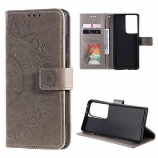 For Samsung Galaxy S21 Ultra 5G Totem Flower Embossed Horizontal Flip TPU + PU Leather Case with Holder & Card Slots & Wallet(Grey)