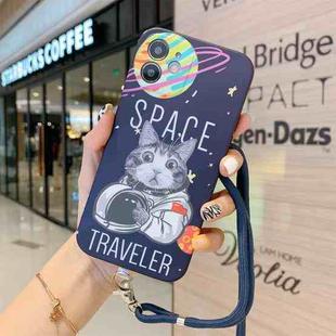 For iPhone 11 Space Cat Pattern IMD Shockproof Protective Case with Lanyard (Blue)