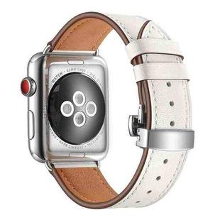 Genuine Leather + Butterfly Silver Buckle Watch Band For Apple Watch Series 7 45mm / 6 & SE & 5 & 4 44mm / 3 & 2 & 1 42mm(White)