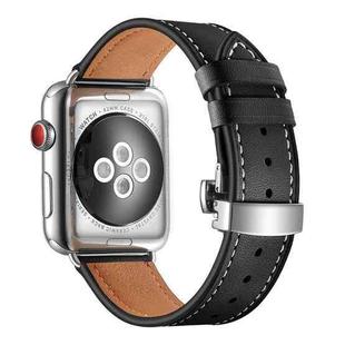 Genuine Leather + Butterfly Silver Buckle Watch Band For Apple Watch Series 7 45mm / 6 & SE & 5 & 4 44mm / 3 & 2 & 1 42mm(Black)