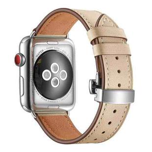 Genuine Leather + Butterfly Silver Buckle Watch Band For Apple Watch Series 7 45mm / 6 & SE & 5 & 4 44mm / 3 & 2 & 1 42mm(Apricot)