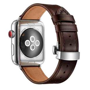 Genuine Leather + Butterfly Silver Buckle Watch Band For Apple Watch Series 7 45mm / 6 & SE & 5 & 4 44mm / 3 & 2 & 1 42mm(Dark Brown)
