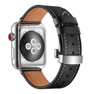 Genuine Leather + Butterfly Silver Buckle Watch Band For Apple Watch Series 7 41mm / 6 & SE & 5 & 4 40mm / 3 & 2 & 1 38mm(Black)