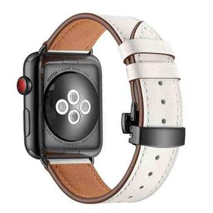 Genuine Leather + Butterfly Black Buckle Watch Band For Apple Watch Series 7 45mm / 6 & SE & 5 & 4 44mm / 3 & 2 & 1 42mm(White)