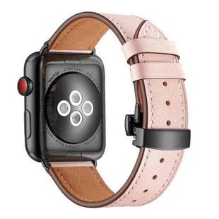 Genuine Leather + Butterfly Black Buckle Watch Band For Apple Watch Series 7 45mm / 6 & SE & 5 & 4 44mm / 3 & 2 & 1 42mm(Pink)