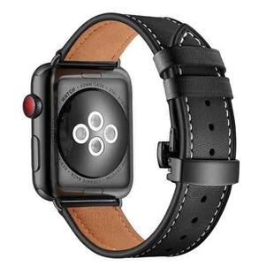 Genuine Leather + Butterfly Black Buckle Watch Band For Apple Watch Series 7 45mm / 6 & SE & 5 & 4 44mm / 3 & 2 & 1 42mm(Black)