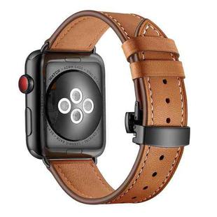 Genuine Leather + Butterfly Black Buckle Watch Band For Apple Watch Series 7 45mm / 6 & SE & 5 & 4 44mm / 3 & 2 & 1 42mm(Brown)