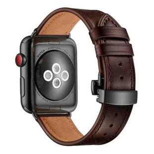 Genuine Leather + Butterfly Black Buckle Watch Band For Apple Watch Ultra 49mm&Watch Ultra 2 49mm / Series 9&8&7 45mm / SE 3&SE 2&6&SE&5&4 44mm / 3&2&1 42mm(Dark Brown)