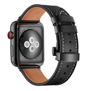 Genuine Leather + Butterfly Black Buckle Watch Band For Apple Watch Series 9&8&7 41mm / SE 3&SE 2&6&SE&5&4 40mm / 3&2&1 38mm(Black)