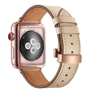 Genuine Leather + Butterfly Rose Gold Buckle Watch Band For Apple Watch Series 7 45mm / 6 & SE & 5 & 4 44mm / 3 & 2 & 1 42mm(Apricot)