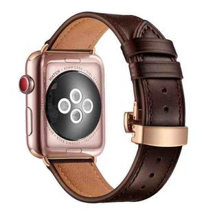 Genuine Leather + Butterfly Rose Gold Buckle Watch Band For Apple Watch Series 7 45mm / 6 & SE & 5 & 4 44mm / 3 & 2 & 1 42mm(Dark Brown)