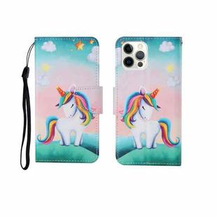 For iPhone 12 Pro Max Painted Pattern Horizontal Flip Leathe Case(Rainbow Unicorn)