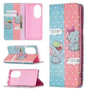 For Huawei P50 Pro Colored Drawing Pattern Invisible Magnetic Horizontal Flip PU Leather Case with Holder & Card Slots & Wallet(Elephant)