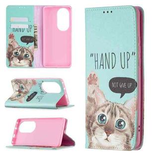 For Huawei P50 Pro Colored Drawing Pattern Invisible Magnetic Horizontal Flip PU Leather Case with Holder & Card Slots & Wallet(Cat)