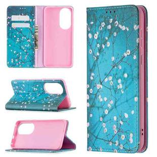 For Huawei P50 Colored Drawing Pattern Invisible Magnetic Horizontal Flip PU Leather Case with Holder & Card Slots & Wallet(Plum Blossom)