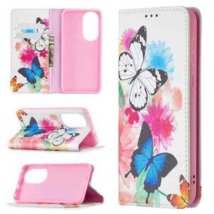 For Huawei P50 Colored Drawing Pattern Invisible Magnetic Horizontal Flip PU Leather Case with Holder & Card Slots & Wallet(Two Butterflies)