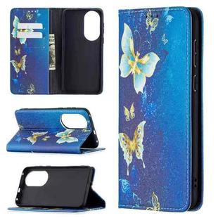 For Huawei P50 Colored Drawing Pattern Invisible Magnetic Horizontal Flip PU Leather Case with Holder & Card Slots & Wallet(Gold Butterflies)