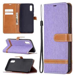 For Samsung Galaxy A02 Color Matching Denim Texture Horizontal Flip Leather Case with Holder & Card Slots & Wallet & Lanyard(Purple)