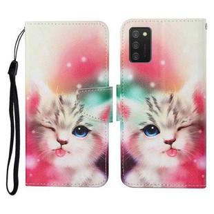 For Samsung Galaxy A02s (US Version) Colored Drawing Pattern Horizontal Flip Leather Case with Holder & Card Slots & Wallet & Lanyard(Squint Cat)