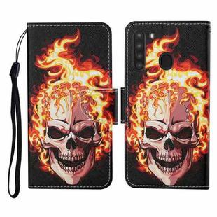 For Samsung Galaxy A21 Colored Drawing Pattern Horizontal Flip Leather Case with Holder & Card Slots & Wallet & Lanyard(Flame Skull)
