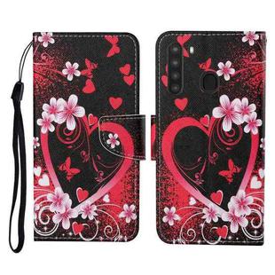 For Samsung Galaxy A21 Colored Drawing Pattern Horizontal Flip Leather Case with Holder & Card Slots & Wallet & Lanyard(Red Heart)