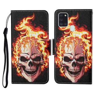 For Samsung Galaxy A21s Colored Drawing Pattern Horizontal Flip Leather Case with Holder & Card Slots & Wallet & Lanyard(Flame Skull)