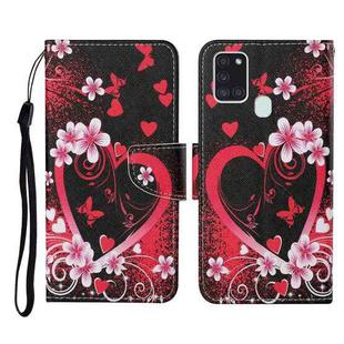 For Samsung Galaxy A21s Colored Drawing Pattern Horizontal Flip Leather Case with Holder & Card Slots & Wallet & Lanyard(Red Heart)