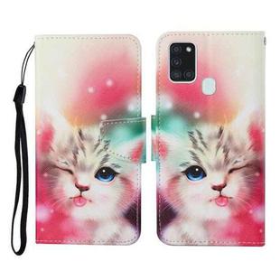 For Samsung Galaxy A21s Colored Drawing Pattern Horizontal Flip Leather Case with Holder & Card Slots & Wallet & Lanyard(Squint Cat)
