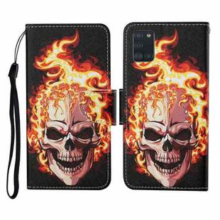 For Samsung Galaxy A31 Colored Drawing Pattern Horizontal Flip Leather Case with Holder & Card Slots & Wallet & Lanyard(Flame Skull)